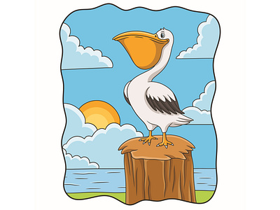 Cartoon illustration pelicans perched on tree trunks