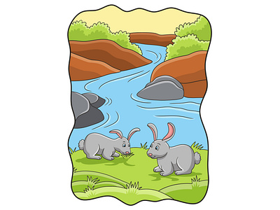 Cartoon illustration two rabbits eating grass by the river