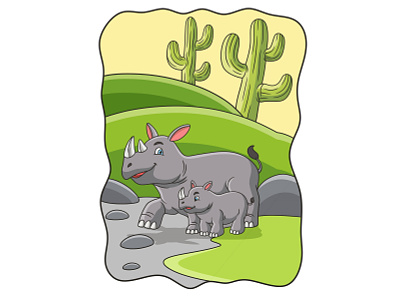 Cartoon illustration mother rhino with her cubs walking rhinoceros