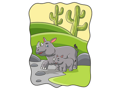 Cartoon illustration mother rhino with her cubs walking