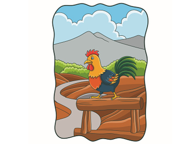 Cartoon illustration The rooster prepares to crow on the log feather