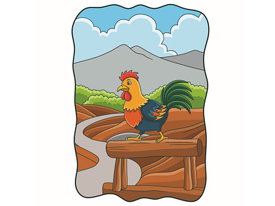 Cartoon illustration The rooster prepares to crow on the log