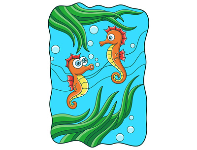 Cartoon illustration two seahorses swimming wildlife