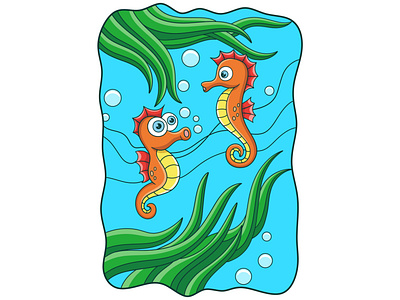 Cartoon illustration two seahorses swimming