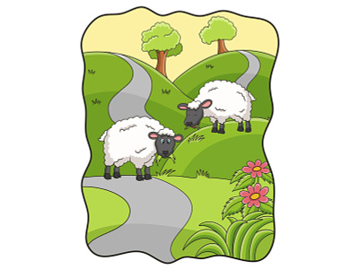 Cartoon illustration two sheep eating grass in the meadow smile