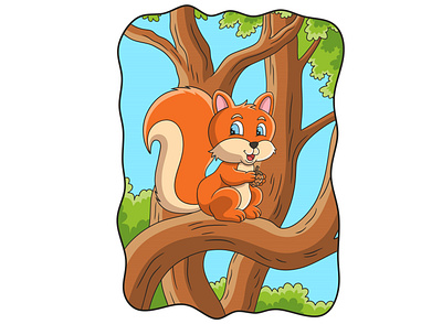 Cartoon illustration the squirrel is sitting on a tree trunk fluffy