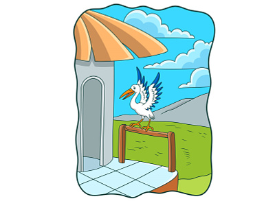 Cartoon illustration the stork perched on the wooden edge character