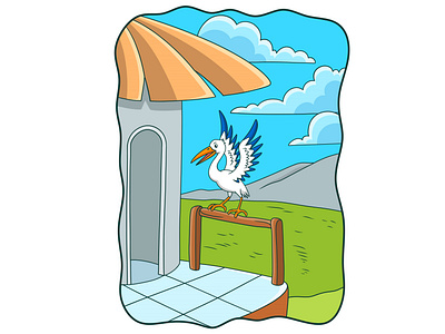 Cartoon illustration the stork perched on the wooden edge