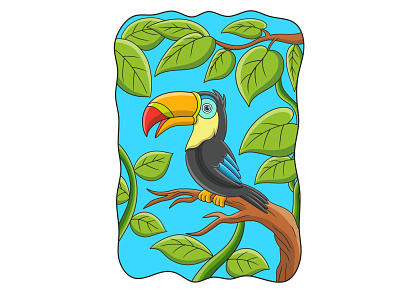 Cartoon illustration toucan bird perched on a tall tree trunk wild