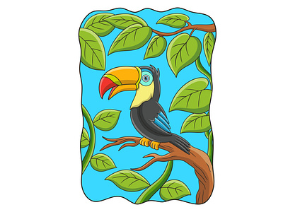 Cartoon illustration toucan bird perched on a tall tree trunk