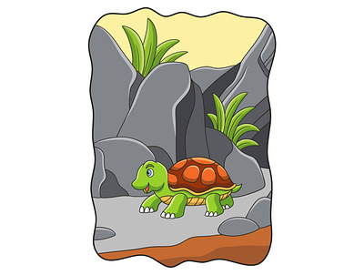 Cartoon illustration turtle walking in the middle of the forest cheerful