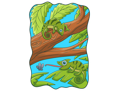 Cartoon illustration two chameleons on a big tree trunk icon