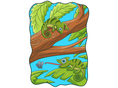 Cartoon illustration two chameleons on a big tree trunk
