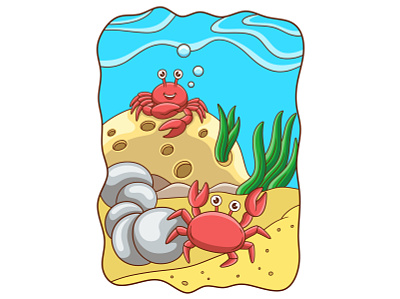 Cartoon illustration two crabs playing on the coral reef eye