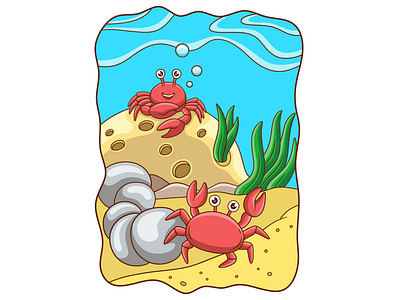 Cartoon illustration two crabs playing on the coral reef