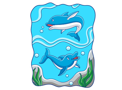 Cartoon illustration two dolphins playing in the sea life