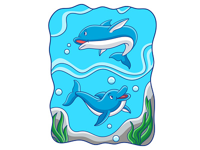 Cartoon illustration two dolphins playing in the sea