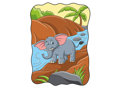 Cartoon illustration an elephant walking by the river mascot