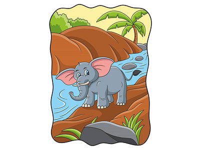 Cartoon illustration an elephant walking by the river