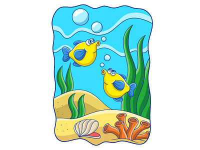 Cartoon illustration two fish playing in the water