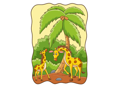 Cartoon illustration two giraffes playing in the forest baby