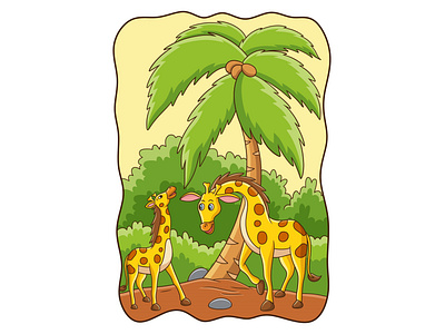 Cartoon illustration two giraffes playing in the forest