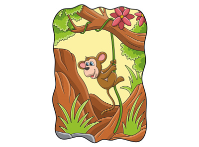 Cartoon illustration monkey hanging from a tree root baby