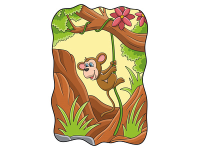 Cartoon illustration monkey hanging from a tree root