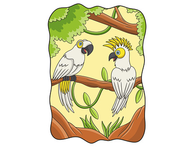 Cartoon illustration two parrots on the tree trunk exotic