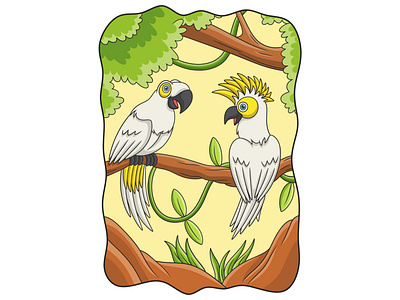 Cartoon illustration two parrots on the tree trunk