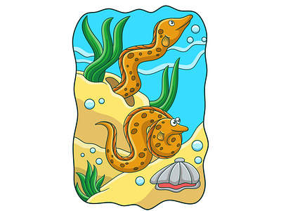 Cartoon illustration two sea eels playing on the coral reef