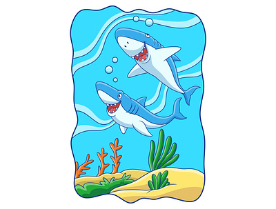 Cartoon illustration two sharks are hunting their prey angry