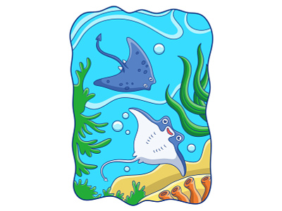 Cartoon illustration two stingrays swimming in the coral reef smile