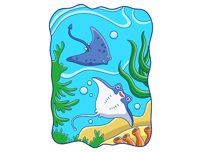 Cartoon illustration two stingrays swimming in the coral reef