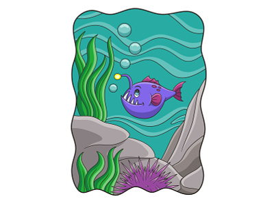 Cartoon illustration angler fish swimming in the sea aquarium