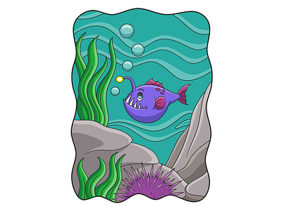Cartoon illustration angler fish swimming in the sea