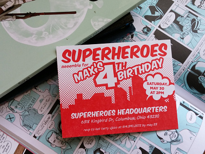 Superhero Invitation birthday comic book letterpress superhero