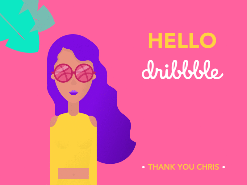 Hello Dribbble! animation character gif hair hello invite palm tree purple summer sunglasses thanks