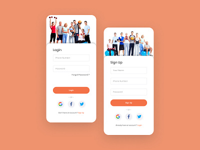 Login and Signup screen for Fitness App branding fit fitness happy health healthy motivation