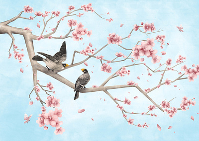 Loving in the Sakura Tree adobe photoshop art design drawing illustration landscape art love mural sakura flower