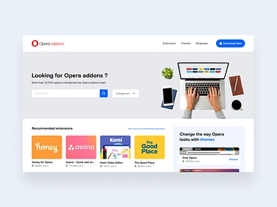 Opera Addons landing page redesign app art branding clean daily ui dailyui design illustraion mobile ui mobileapp product design redesign typogaphy ui uidesign uiux ux ux design web website design