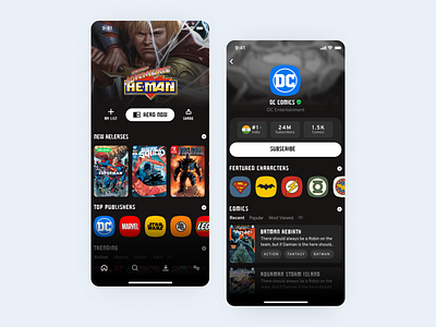 Comic Reading App | Home & Publisher Screen  (Dark Version)