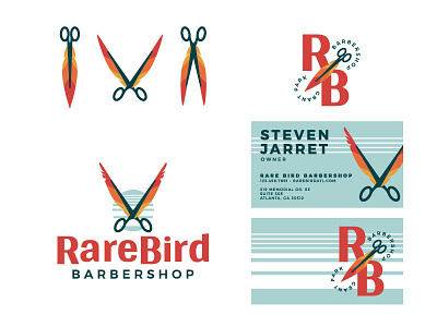Rare Bird Barbershop Unused Direction III abstract barber barbershop bird branding business card feather icon illustration logo monogram retro schears scissors striped typography