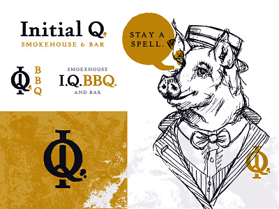 IQ BBQ Unused Direction 2 bbq branding i illustration logo monogram mustard q sketch south carolina texture type typography wordmark