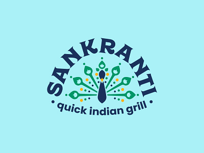 Sankranti Quick Indian Grill blue brand design branding geometric graphic design icon illustration indian indian food logo logo design pattern peacock restaurant restaurant brand restaurant branding typography