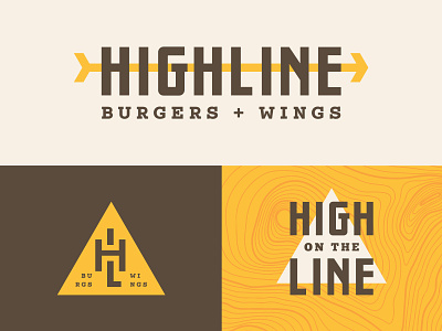Highline Burgers + Wings brand branding brown burger icon logo outdoor restaurant restaurant brand slab serif topographic triangle type typography wings yellow