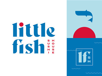 Little Fish Sushi House blue brand branding fish graphic design japan japanese logo logo design logotype minimal monogram ocean red restaurant restaurant brand seal sun sushi typography