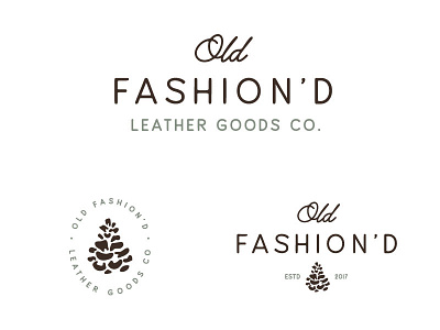 Old Fashion'd Leather Goods Logo System brown green identity leather goods leather goods logo logo pinecone pinecone logo visual identity wordmark