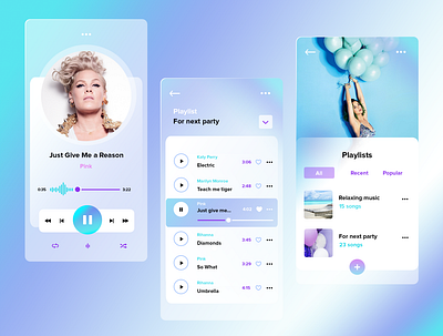 Music player mobile app light blue mobile application set mobile design music albums music player music player mobile app product application product design song list transparent style ui ultra blue ux