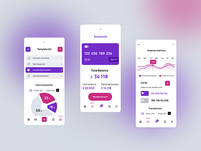 Banking Mobile & Web Application. Mobile page set. account page bank services bank statistic banking branding clean design clean mobile app digital design fintech interfaces logo mobile app mobile application mobile design pink product design purple ui ux web application